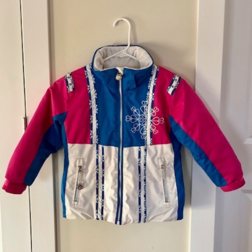 Obermeyer Kids Sunrise Ski Jacket, White, Pink, Blue, Sz 5, Gem Accents,…